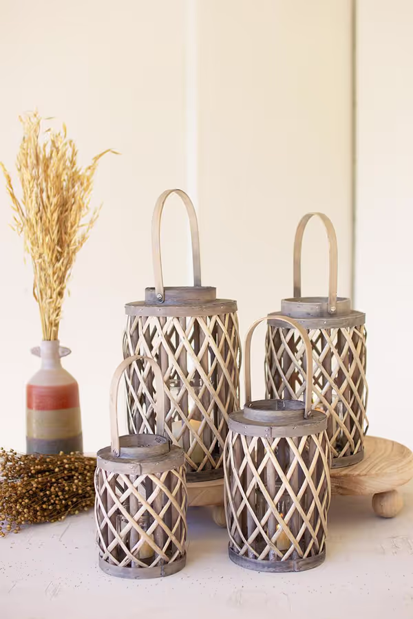Set of 4 Grey Willow Cylinder Lanterns with Glass Inserts