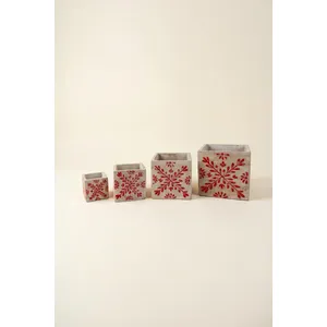 Set of 4 Square Cement Christmas Planters with Red Detail 4