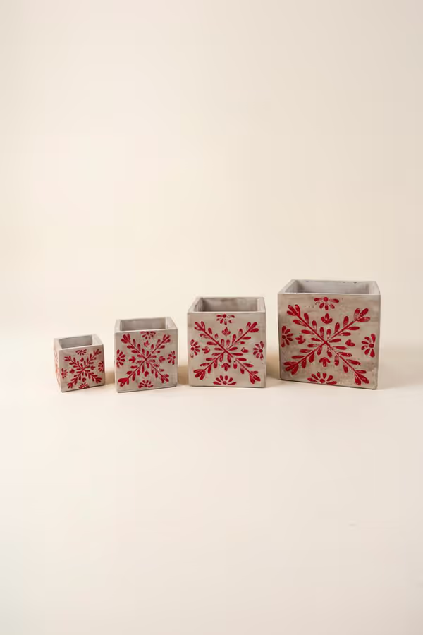 Set of 4 Square Cement Christmas Planters with Red Detail
