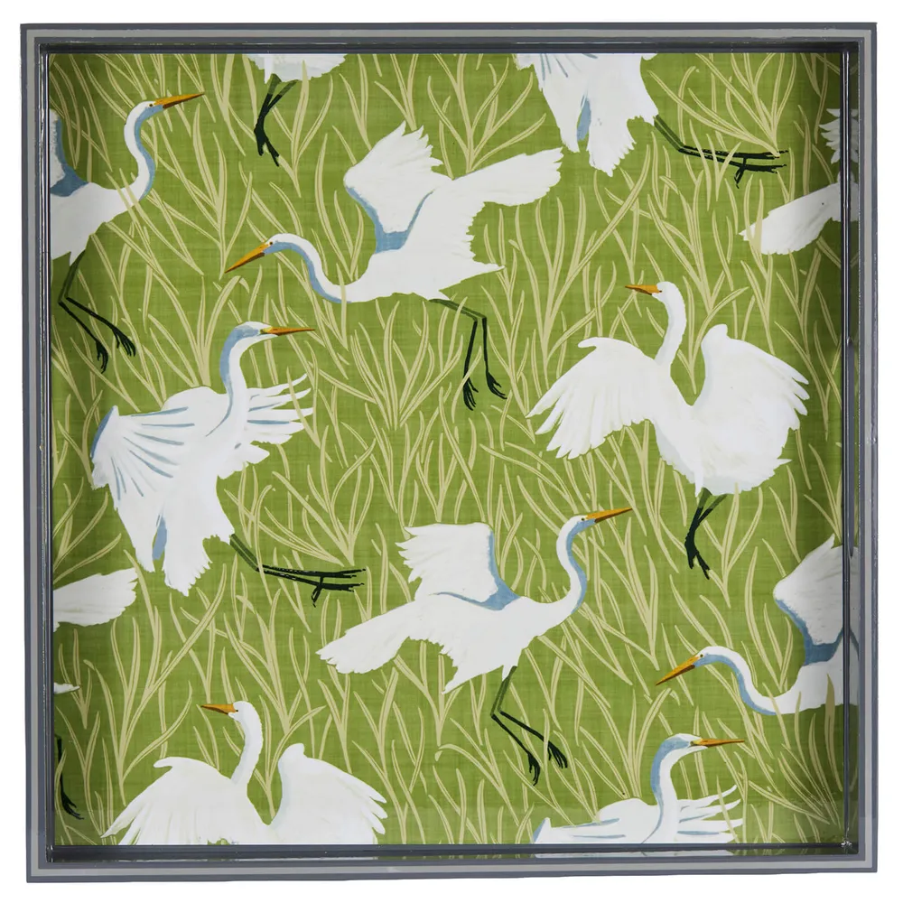 Egret & Reed Square Lacquer Serving Tray