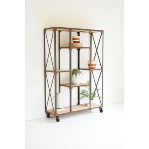 Iron and Wood Display with Alternating Shelves and Iron Casters 1