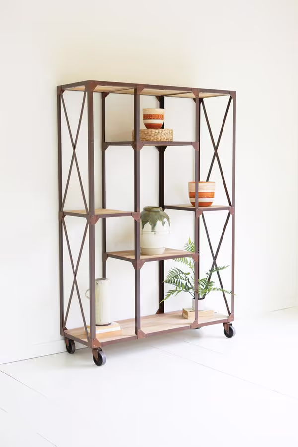 Iron and Wood Display with Alternating Shelves and Iron Casters