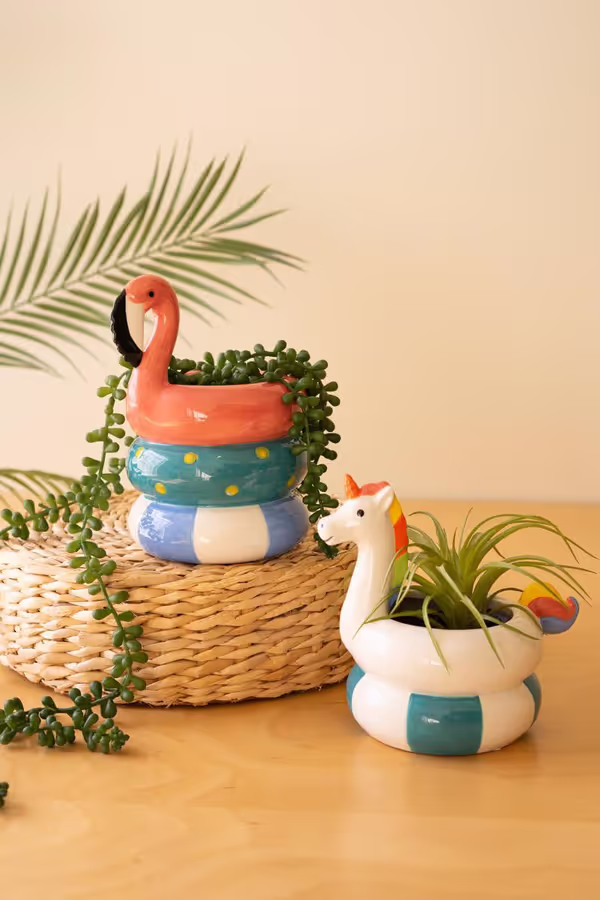 Set of 2 Ceramic Flamingo and Unicorn Floatie Vases