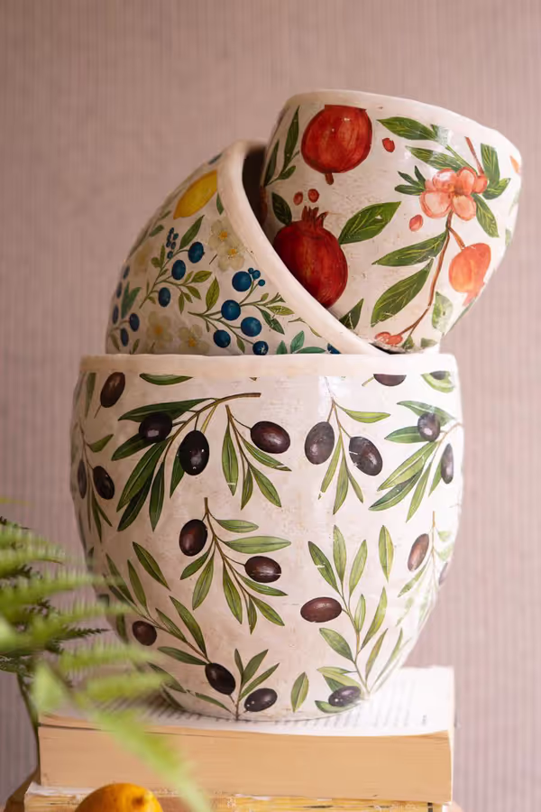 Set of 3 Cement Planters with Olives, Lemons, and Pomegranates