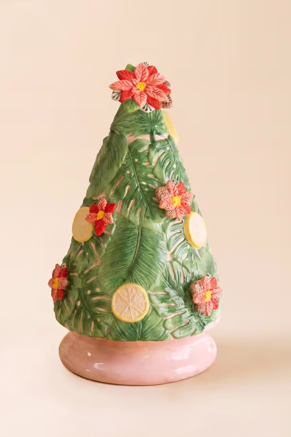 Ceramic Christmas Tree with Lemons and Poinsettias