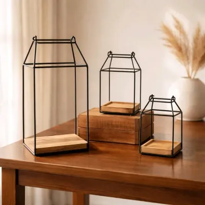 Timber Base Lanterns Set of 3 18,14,12in H