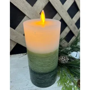 White n Green 3 Layer Rustic Finish Moving Flame LED Candle 3in by 6in 2
