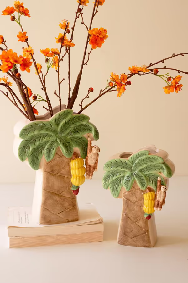 Set of 2 Ceramic Palm Tree Vases with Dangling Monkeys
