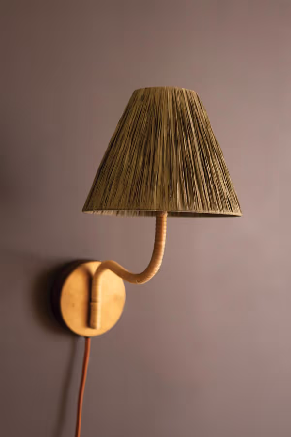 Rattan-Wrapped Wall Light with Raffia Shade