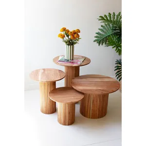 Set of 4 Acacia Wood Accent Tables with Tambour Bases 4