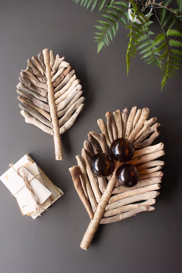 Set of 2 Driftwood Leaf Trays with Abaca Detail