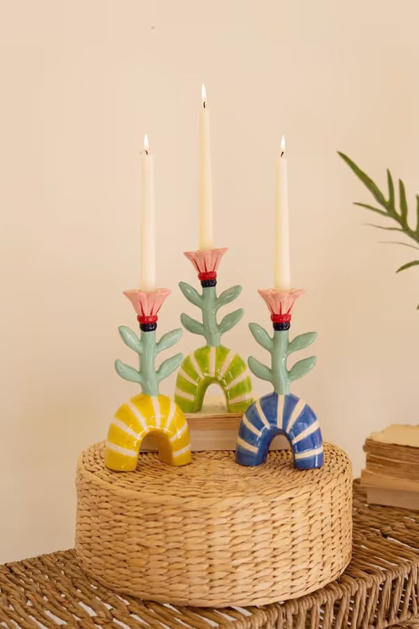 Set of 3 Ceramic Flower Taper Candle Holders