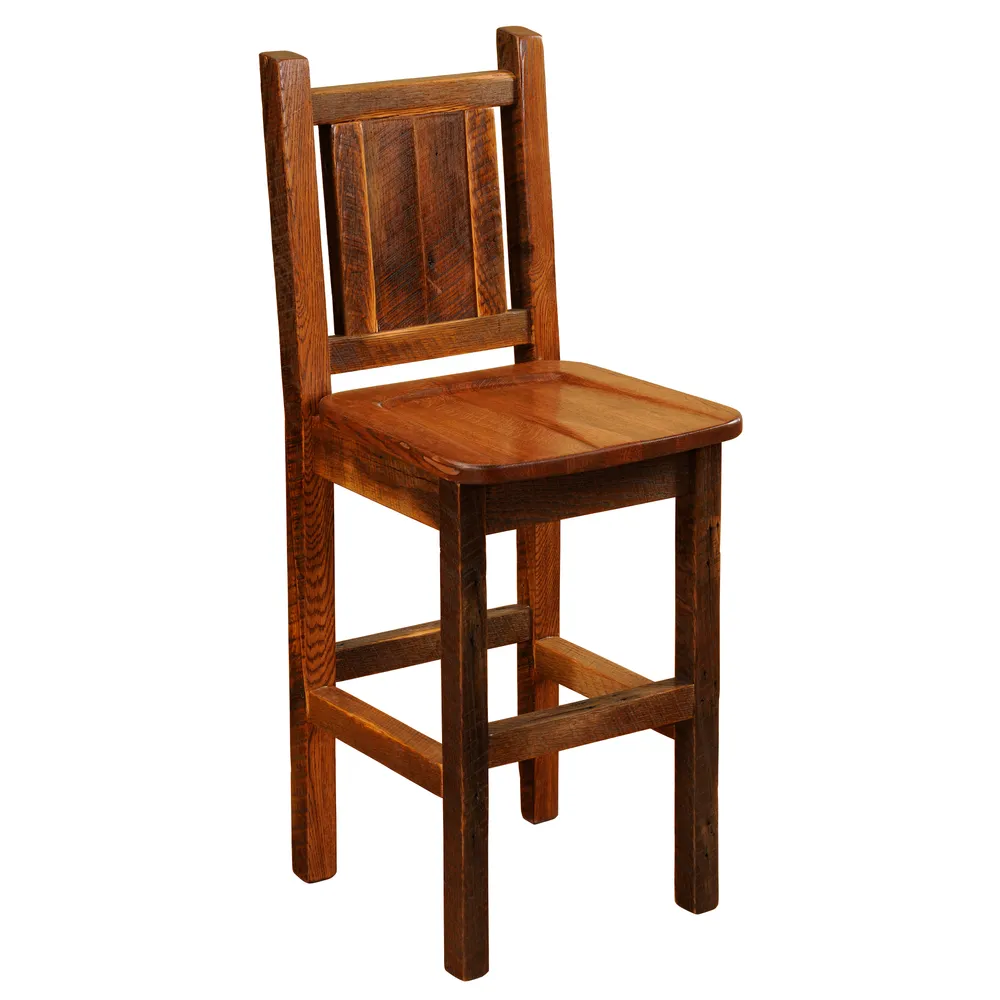 Barnwood Artisan Square Counter Stool with Back - Wood Seat and Back - Antique Oak - Standard