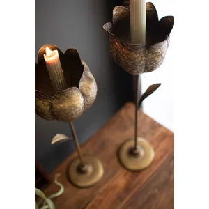 Set of 2 Antique Brass Tulip Taper Candle Holders 2