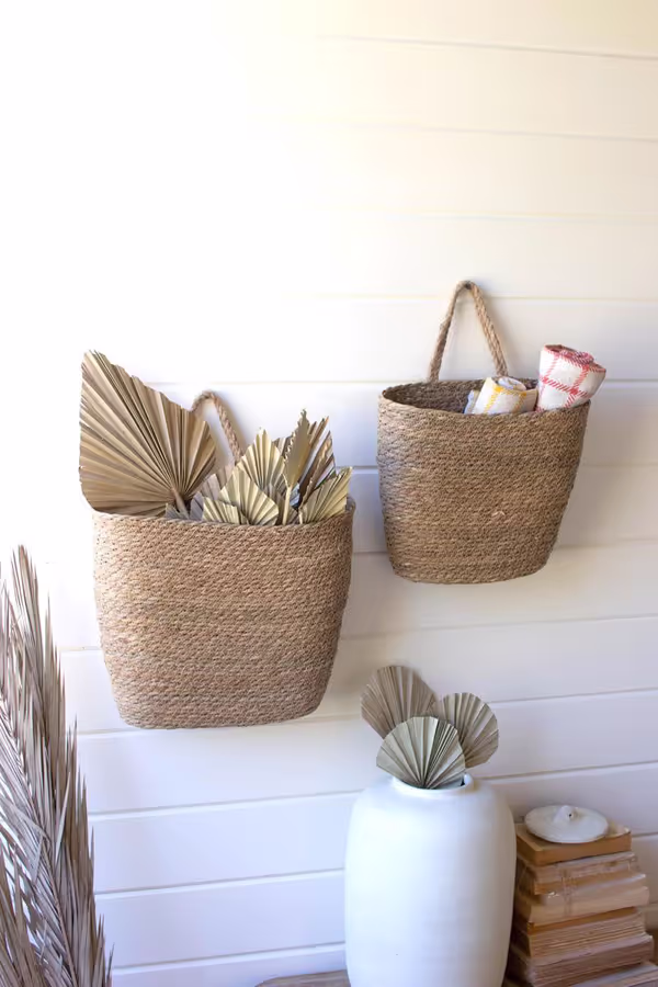 Set of 2 Tall Oval Woven Seagrass Wall Baskets