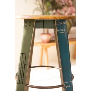 Recycled Metal Bar Stool with Wooden Top 2