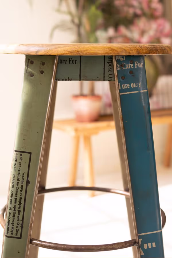 Recycled Metal Bar Stool with Wooden Top