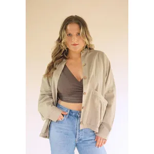 Lightweight Button-Front Bomber Jacket with Front Pockets / Oatmeal 1