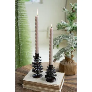 Set of 2 Antique Brown Metal Pine Cone Taper Holders 2