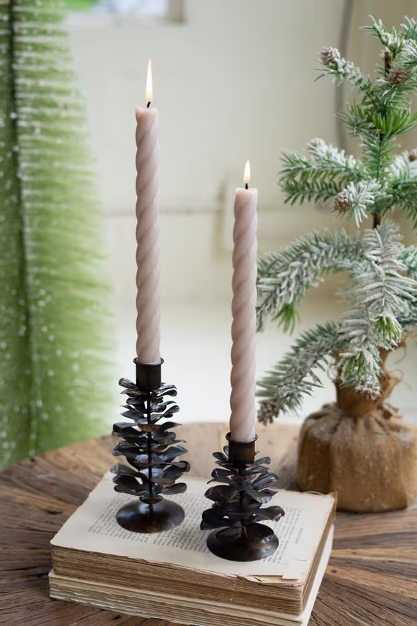 Set of 2 Antique Brown Metal Pine Cone Taper Holders