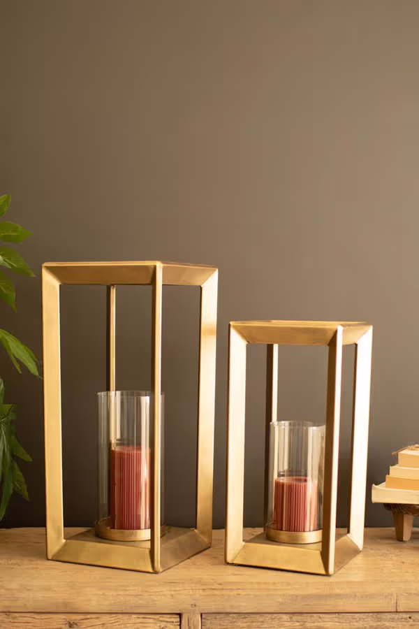Set of 2 Metal Framed Lanterns with Clear Glass Hurricanes