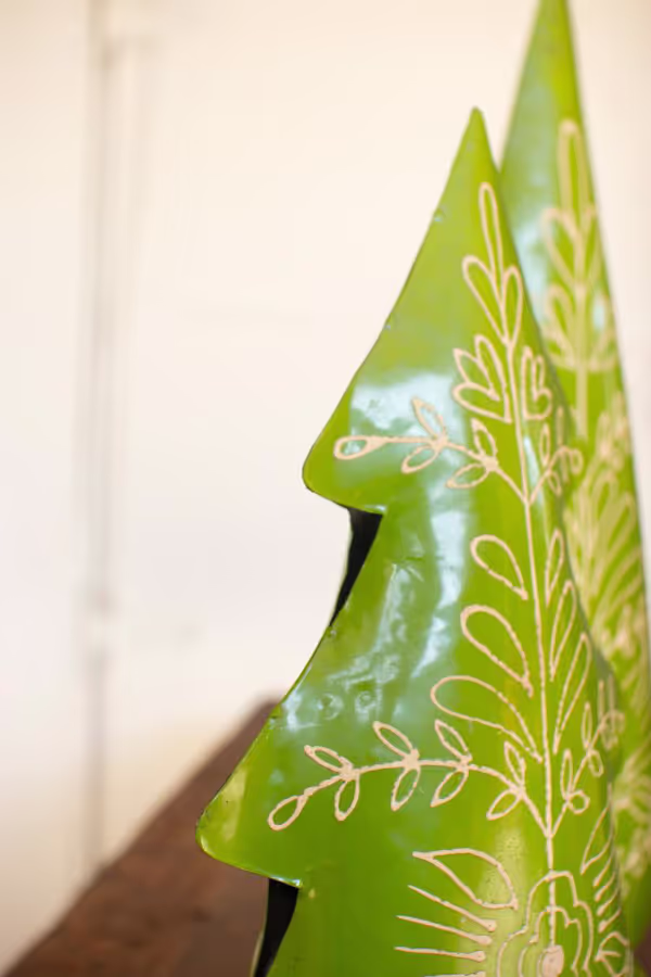Set of 2 Painted Recycled Metal Folk Christmas Trees