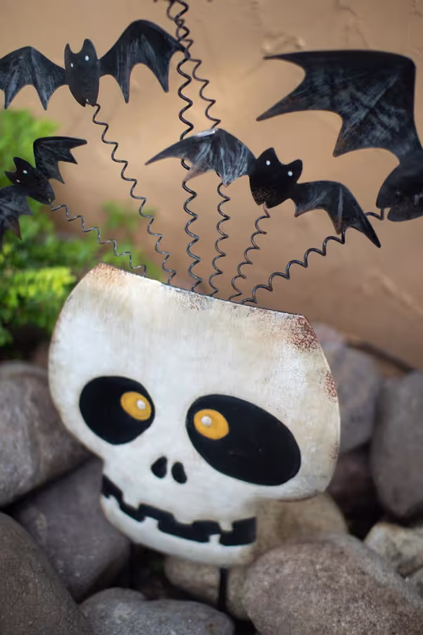 Painted Metal Halloween Skull with Bats Yard Art
