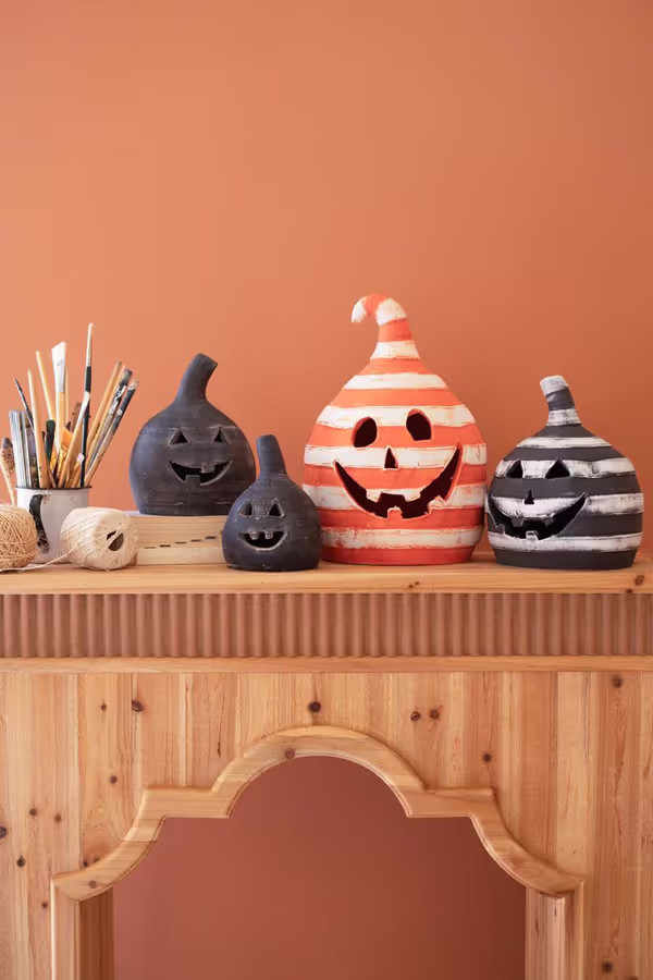 Set of 2  Small Black Clay Jack-O-Lanterns