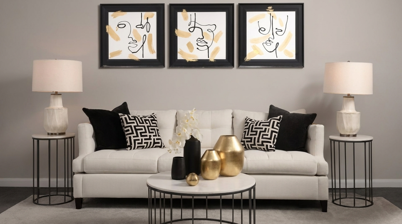 Black and gold console styling with triptych line art above