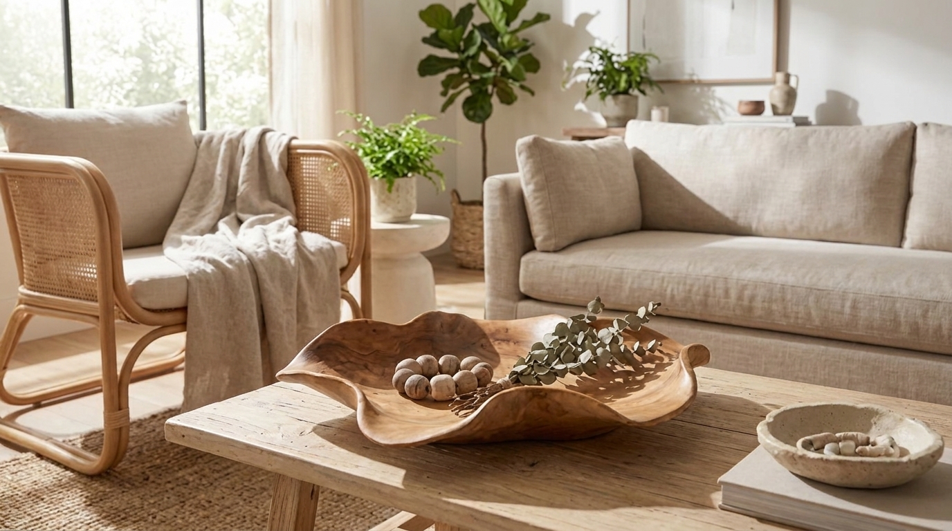 Carved wooden bowl with eucalyptus and decorative beads on table