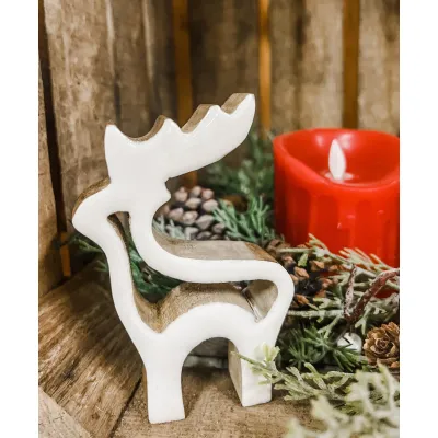 Wooden Hollow Reindeer w/ White Enamel 3x5in