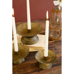 Set of 3 Antique Gold Taper Candle Holders with Fluted Bases 2