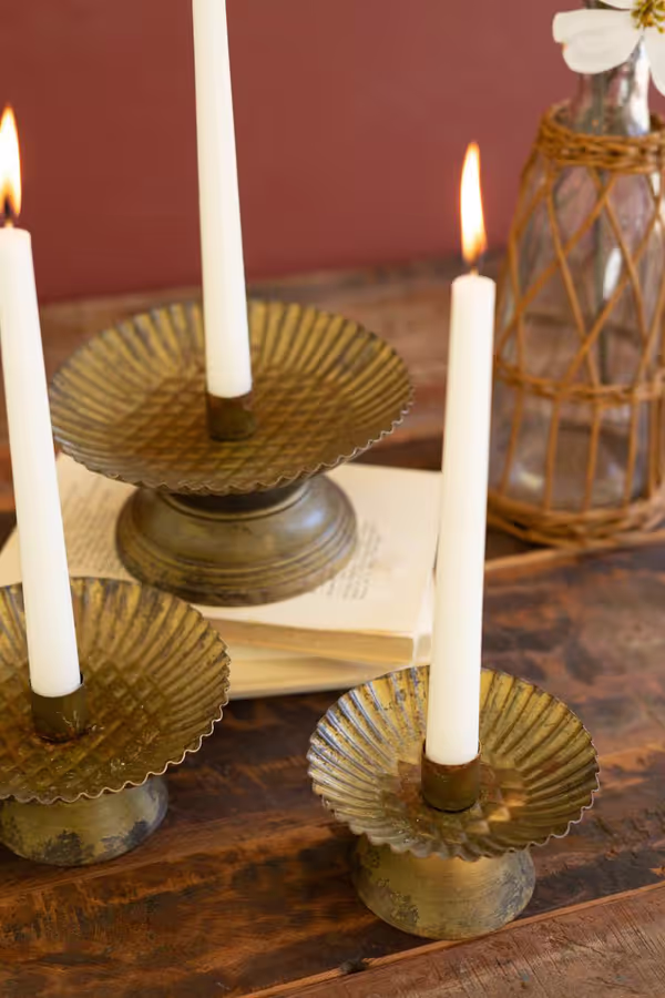 Set of 3 Antique Gold Taper Candle Holders with Fluted Bases