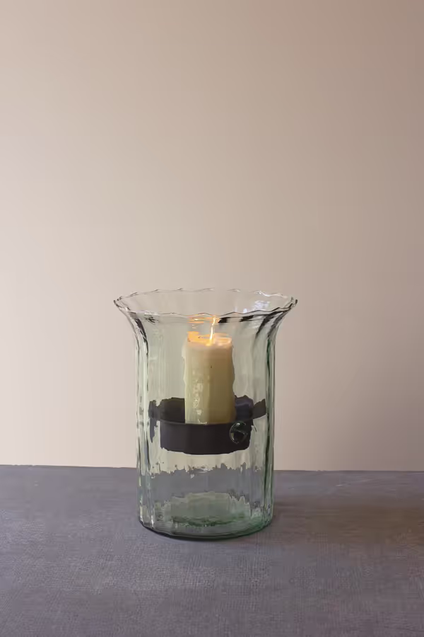 Ribbed Glass Candle Cylinder with Rustic Insert / Small
