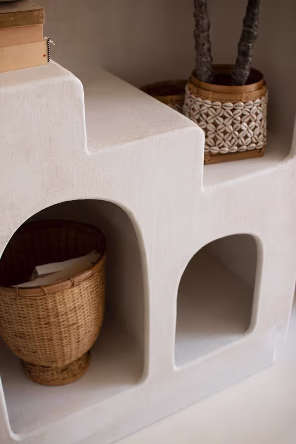 Textured Arched Shelving Unit with Stairs Detail