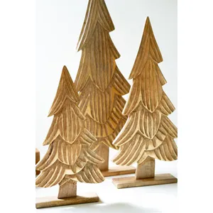 Set of 3 Carved Natural Mango Wood Christmas Trees with Gold Detail 3