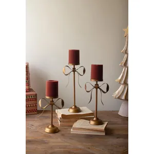 Set of 3 Antique Brass Pillar Candle Stands with Bow Detail 2
