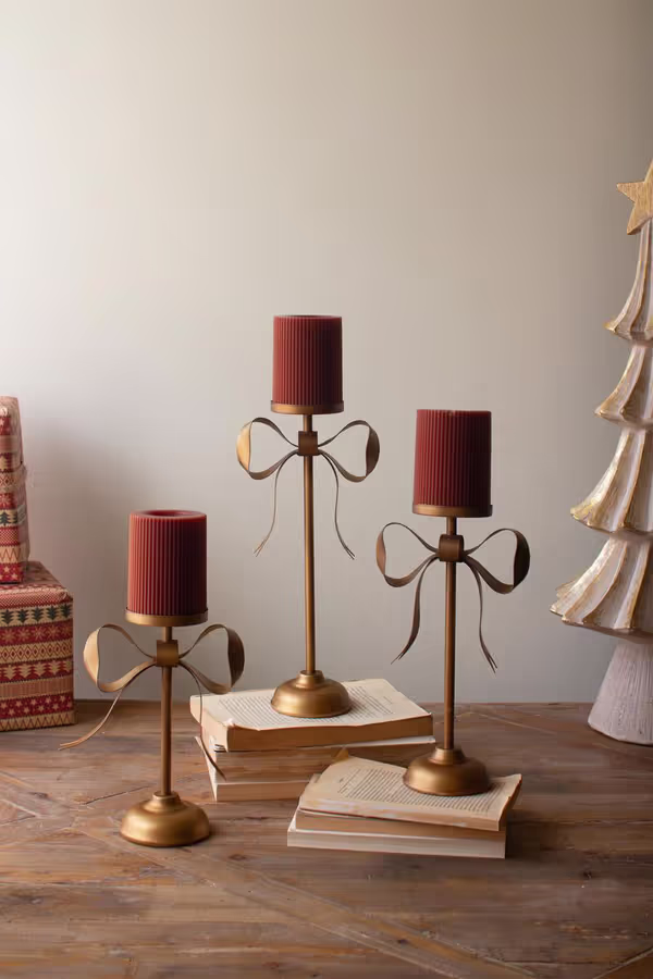 Set of 3 Antique Brass Pillar Candle Stands with Bow Detail
