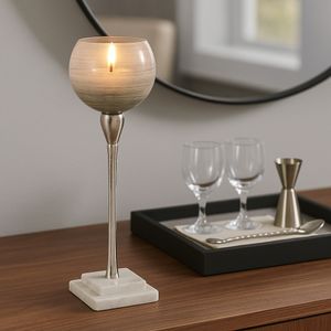 GLASS, 17" VOTIVE HOLDER W MARBLE STAND, SAGE/SILV 2