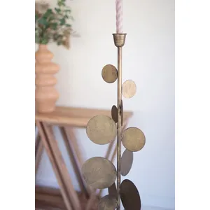 Set of 2 Antique Brass Candle Holders with Round Discs 2