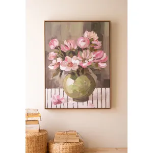 Framed Green Vase with Pink Flowers Painting 1