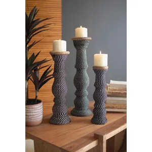 Set 3 Wooden Candle Holders Wrapped with Black & White String 1
