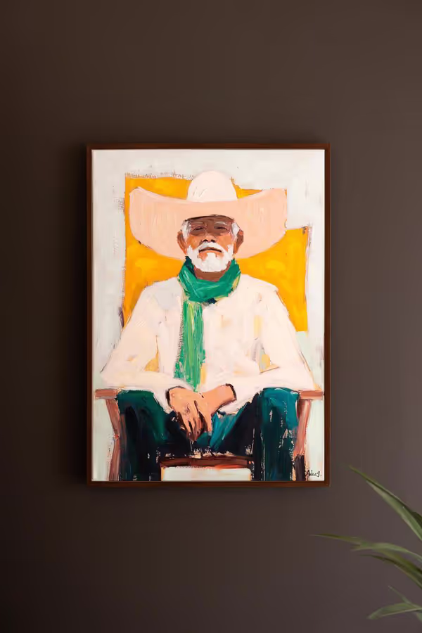 Framed Sitting Cowboy Painting