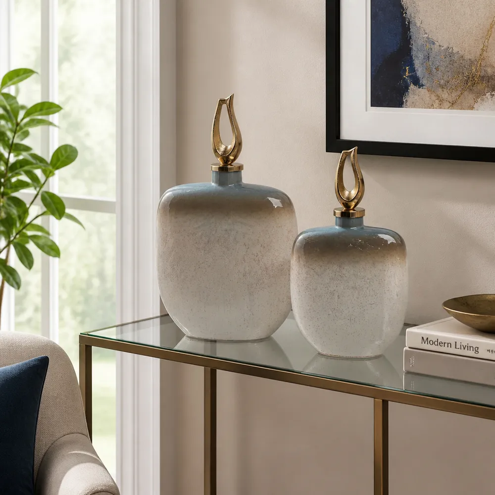DAVINFORD SET OF 2 BLUE GLASS VASES 18 (IN)