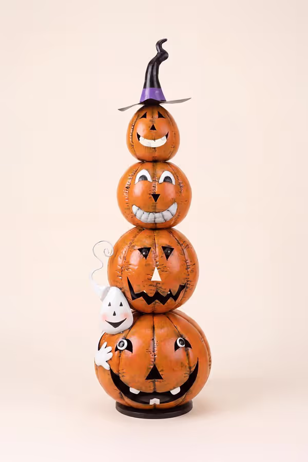 Painted Metal Stack of 4 Jack-O-Lanterns with Witch Hat Luminary