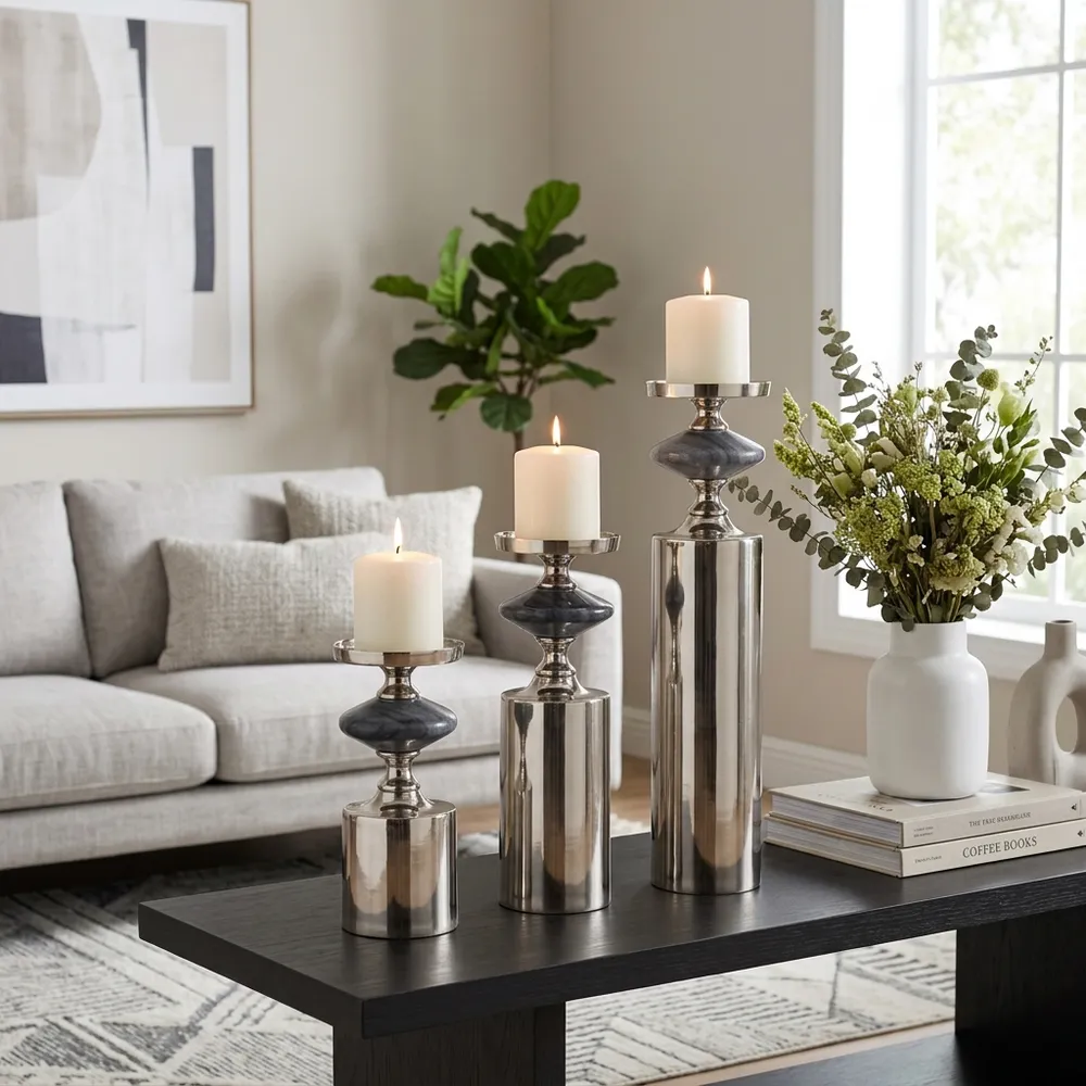 HAMPTONMILL SET OF 3 GRAY CANDLE HOLDER 17 (IN)