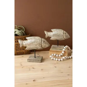 Set of 2 Carved Recycled Wooden Fish on Stands 4