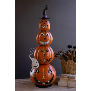Painted Metal Stack of 4 Jack-O-Lanterns with Witch Hat Luminary 6