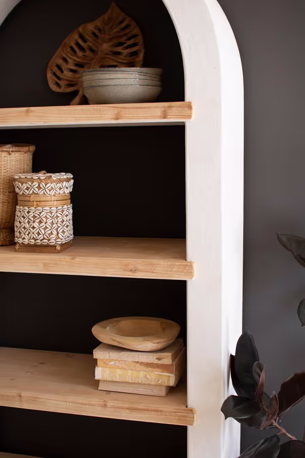 Textured Arched Shelving Unit with Four Wooden Shelves