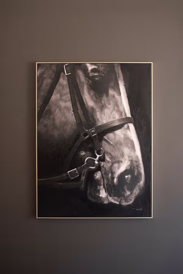 Framed Black and White Side View Horse Painting